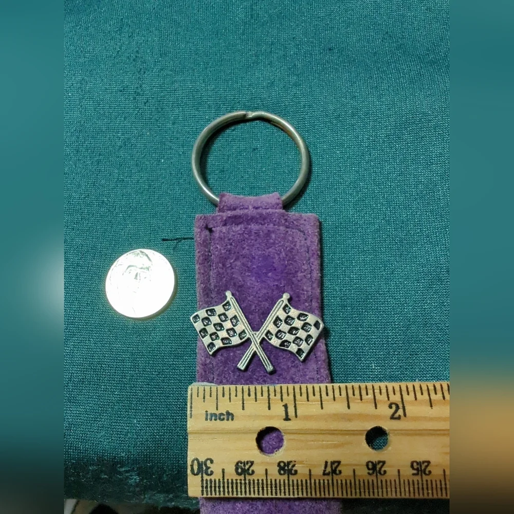 Vintage Long Purple Fringe Suede Leather Key Ring RACING 🏁 Flags Emblem 13